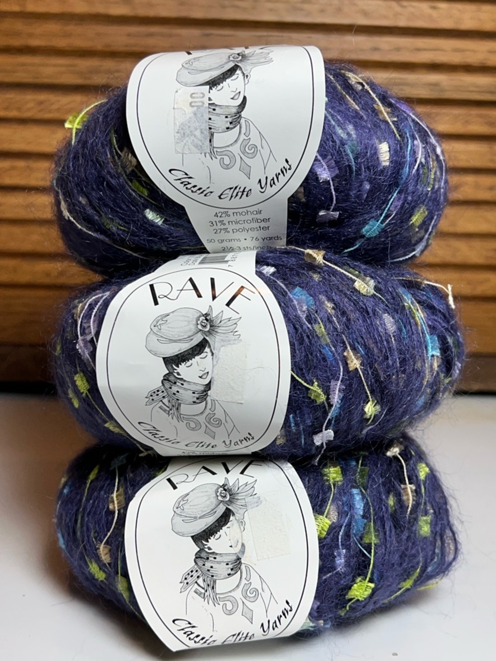 NWT Rave yarn, made in Turkey for Classic Elite, novelty yarn, 2.5-3 sts./1”